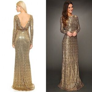 BADGLEY MISCHKA Gold Sequin Long Sleeve Boat Neck Cowl Back Stretch Maxi Gown 5